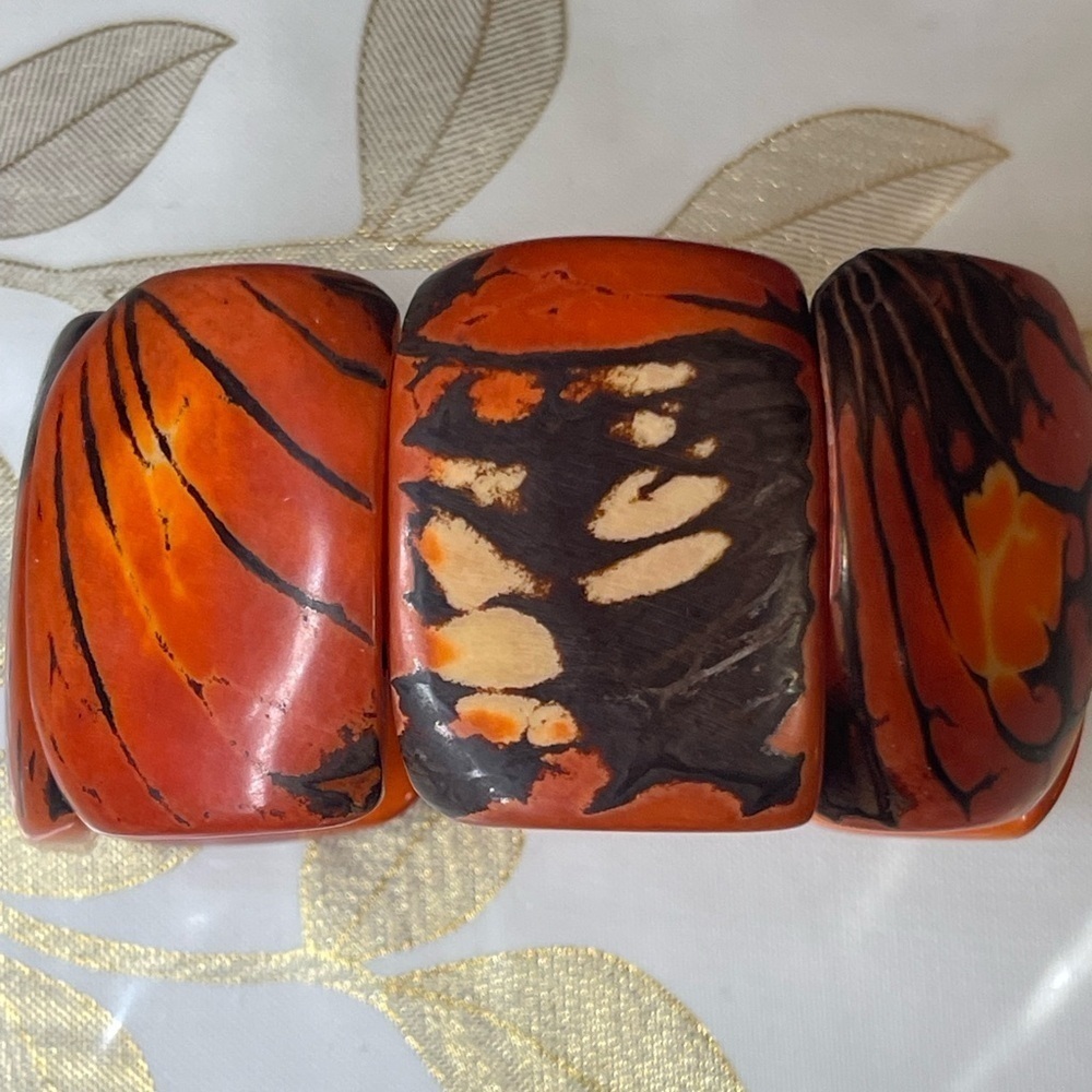 Tagua Nut Wide Stretch Cuff Bracelet Red Orange Rectangular Handmade